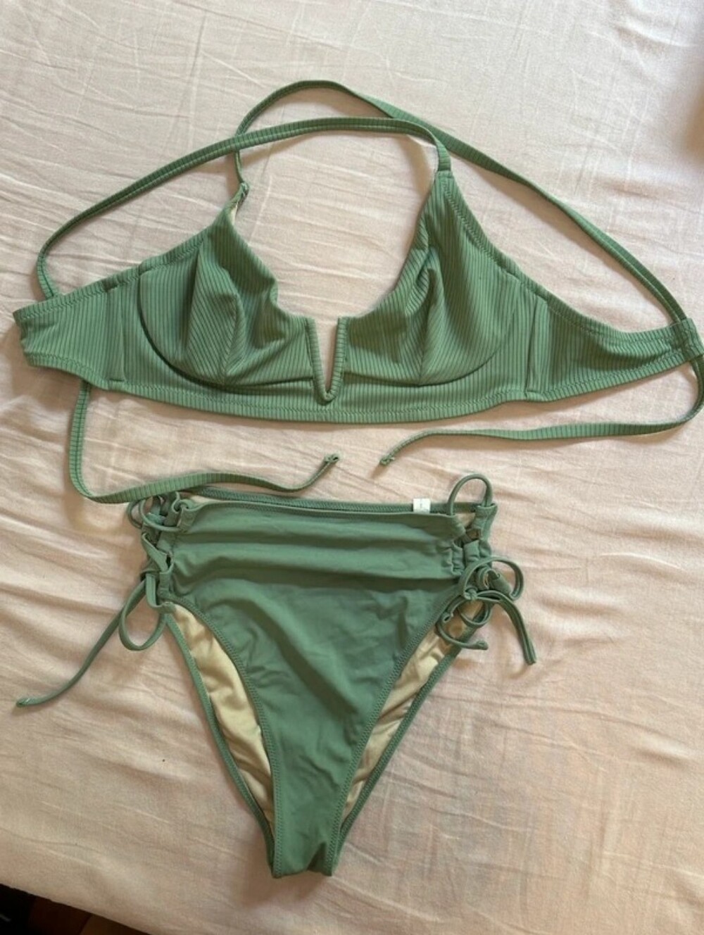 Shade & Shore Sage Green Ribbed V-Notch Bikini Set